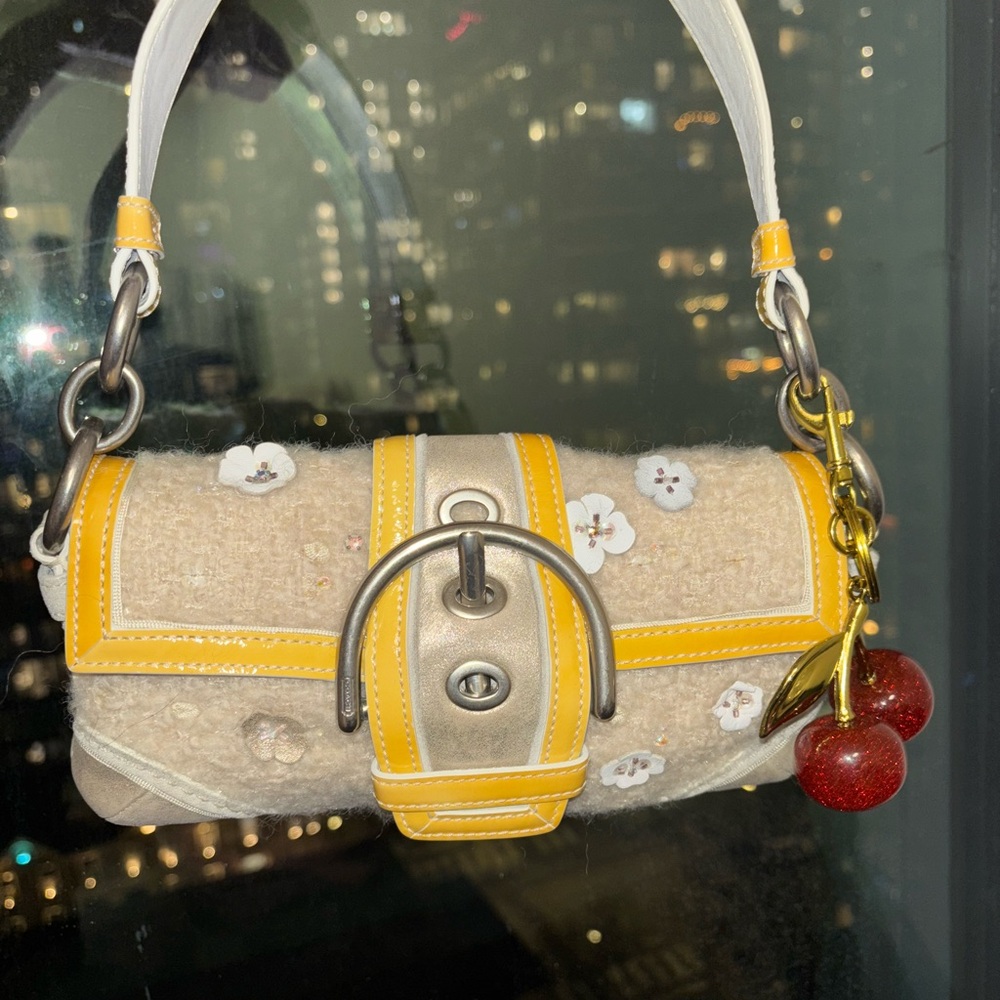 Coach Beige and Yellow Handbag with Cherry Charm